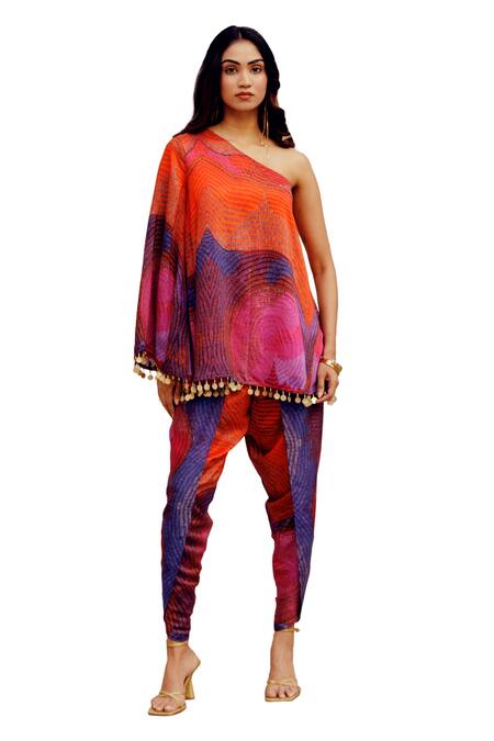 Shop_17:17 By Simmi Saboo_Orange Chanderi Silk Print Illusion One Shoulder Roohi Top With Tulip Pant _Online_at_Aza_Fashions