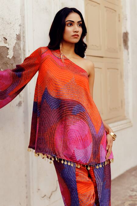 17:17 By Simmi Saboo_Orange Chanderi Silk Print Illusion One Shoulder Roohi Top With Tulip Pant _at_Aza_Fashions