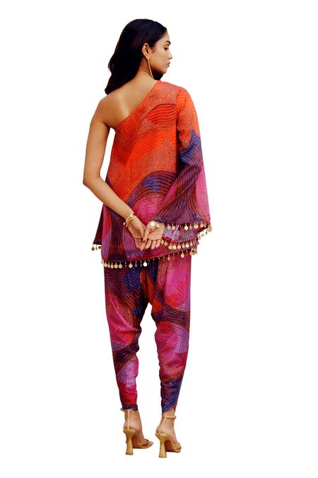 Buy_17:17 By Simmi Saboo_Orange Chanderi Silk Print Illusion One Shoulder Roohi Top With Tulip Pant 