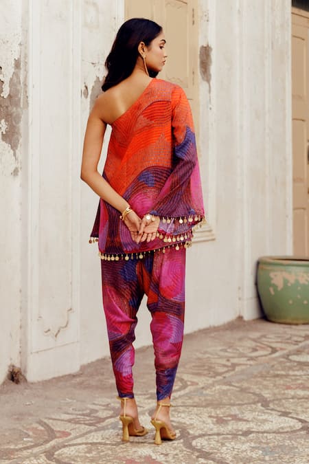 Shop_17:17 By Simmi Saboo_Orange Chanderi Silk Print Illusion One Shoulder Roohi Top With Tulip Pant _at_Aza_Fashions