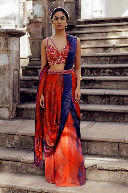 Buy_17:17 By Simmi Saboo_Orange Chanderi, Cotton Sequins, Beads Rylee Illusion Print Pre-draped Saree Set _Online_at_Aza_Fashions
