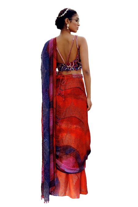 17:17 By Simmi Saboo_Orange Chanderi, Cotton Sequins, Beads Rylee Illusion Print Pre-draped Saree Set _at_Aza_Fashions