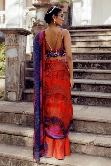 17:17 By Simmi Saboo Rylee Illusion Print Pre-Draped Saree Set 