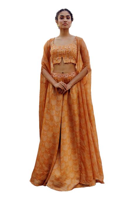 17:17 By Simmi Saboo_Orange Chanderi Sequins, Beads, Crystals Siara Bandhani Print Sharara Jacket Set _Online_at_Aza_Fashions