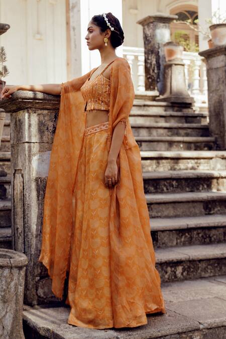 Buy_17:17 By Simmi Saboo_Orange Chanderi Sequins, Beads, Crystals Siara Bandhani Print Sharara Jacket Set _Online_at_Aza_Fashions