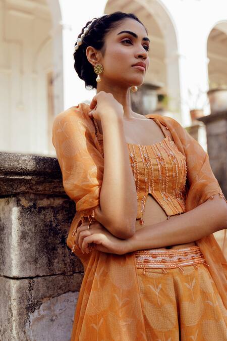 Shop_17:17 By Simmi Saboo_Orange Chanderi Sequins, Beads, Crystals Siara Bandhani Print Sharara Jacket Set _Online_at_Aza_Fashions