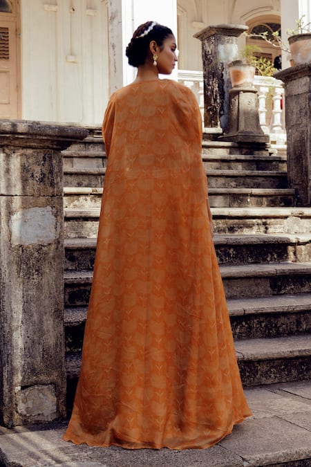 Shop_17:17 By Simmi Saboo_Orange Chanderi Sequins, Beads, Crystals Siara Bandhani Print Sharara Jacket Set _at_Aza_Fashions