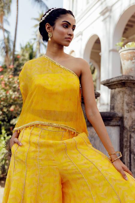 17:17 By Simmi Saboo_Yellow Chanderi, Cotton Sequins, Crystals, Stella Leaf Print Cape And Sharara Set _Online_at_Aza_Fashions