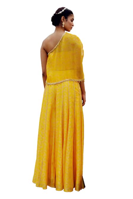 Buy_17:17 By Simmi Saboo_Yellow Chanderi, Cotton Sequins, Crystals, Stella Leaf Print Cape And Sharara Set _Online_at_Aza_Fashions