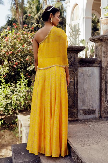 Shop_17:17 By Simmi Saboo_Yellow Chanderi, Cotton Sequins, Crystals, Stella Leaf Print Cape And Sharara Set _at_Aza_Fashions