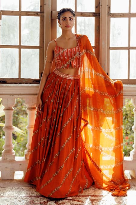 17:17 By Simmi Saboo_Orange Muslin Pearls, Sequins, Beads Square Tarasha Print Lehenga Bustier Set _Online_at_Aza_Fashions