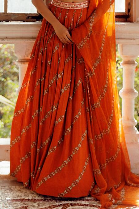 Buy_17:17 By Simmi Saboo_Orange Muslin Pearls, Sequins, Beads Square Tarasha Print Lehenga Bustier Set _Online_at_Aza_Fashions