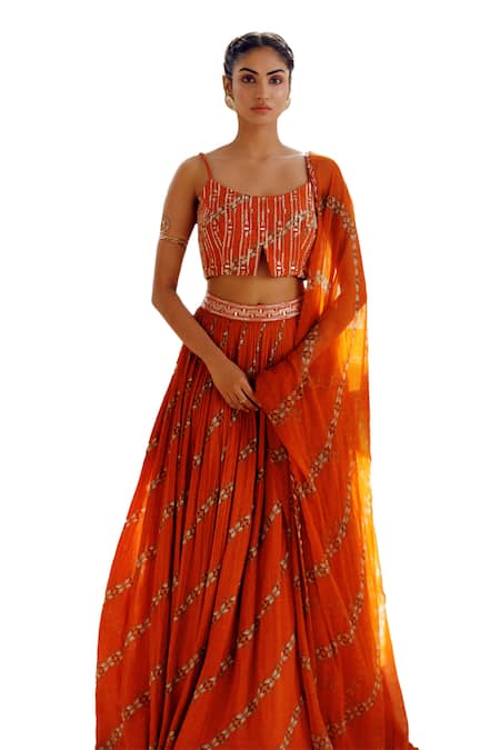 Shop_17:17 By Simmi Saboo_Orange Muslin Pearls, Sequins, Beads Square Tarasha Print Lehenga Bustier Set _Online_at_Aza_Fashions