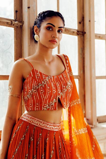 17:17 By Simmi Saboo_Orange Muslin Pearls, Sequins, Beads Square Tarasha Print Lehenga Bustier Set _at_Aza_Fashions