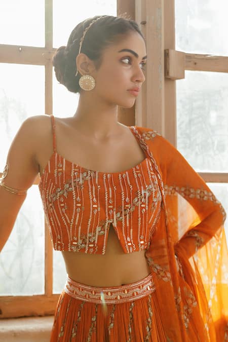 Buy_17:17 By Simmi Saboo_Orange Muslin Pearls, Sequins, Beads Square Tarasha Print Lehenga Bustier Set 