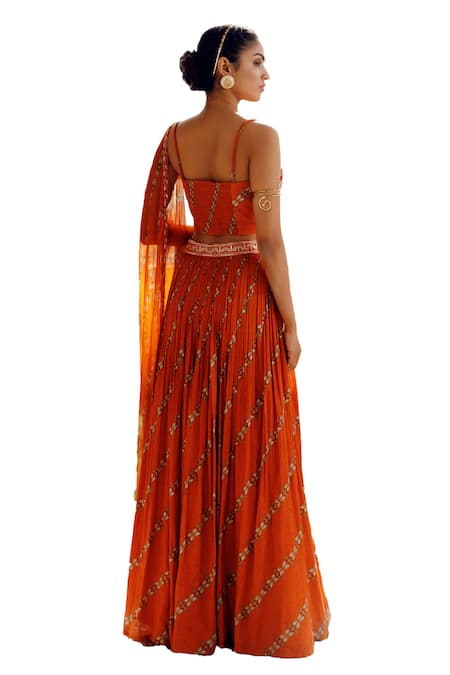 Shop_17:17 By Simmi Saboo_Orange Muslin Pearls, Sequins, Beads Square Tarasha Print Lehenga Bustier Set 