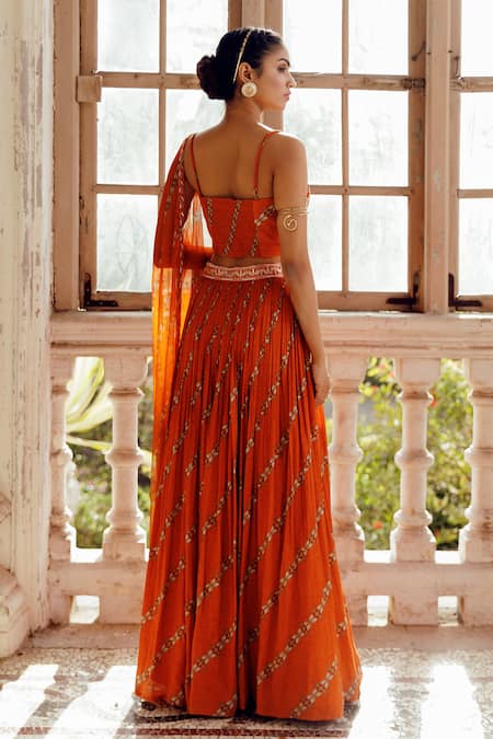 Shop_17:17 By Simmi Saboo_Orange Muslin Pearls, Sequins, Beads Square Tarasha Print Lehenga Bustier Set _at_Aza_Fashions
