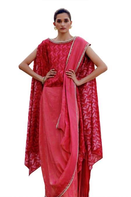 17:17 By Simmi Saboo_Maroon Chanderi Silk Pearls, Tiahna Leaf Print Pre-draped Saree With Cape Top _Online_at_Aza_Fashions