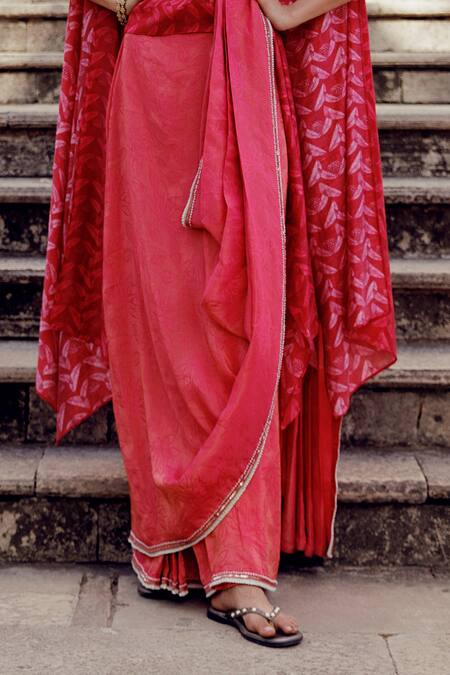 Buy_17:17 By Simmi Saboo_Maroon Chanderi Silk Pearls, Tiahna Leaf Print Pre-draped Saree With Cape Top _Online_at_Aza_Fashions