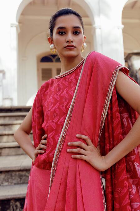 Shop_17:17 By Simmi Saboo_Maroon Chanderi Silk Pearls, Tiahna Leaf Print Pre-draped Saree With Cape Top _Online_at_Aza_Fashions