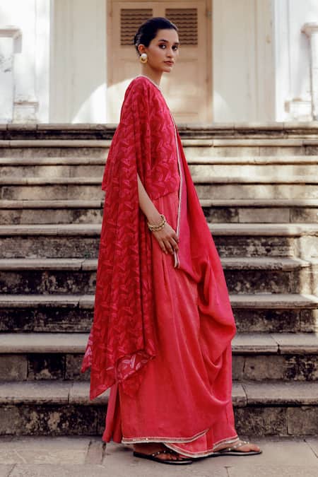 Shop_17:17 By Simmi Saboo_Maroon Chanderi Silk Pearls, Tiahna Leaf Print Pre-draped Saree With Cape Top _at_Aza_Fashions