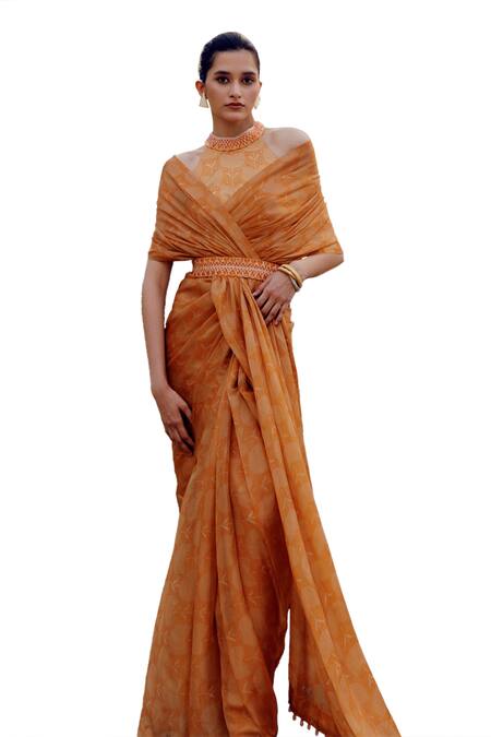 17:17 By Simmi Saboo_Orange Chanderi, Taffeta Crystals, Tvishi Bandhani Print Pre-draped Saree Set _Online_at_Aza_Fashions