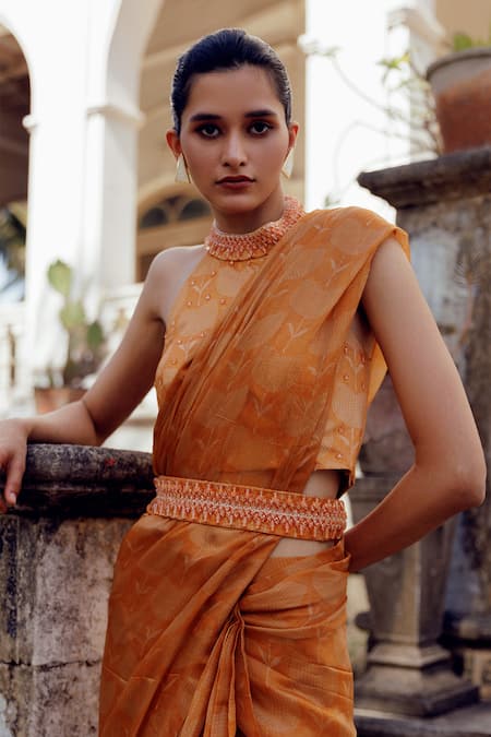 Shop_17:17 By Simmi Saboo_Orange Chanderi, Taffeta Crystals, Tvishi Bandhani Print Pre-draped Saree Set _Online_at_Aza_Fashions