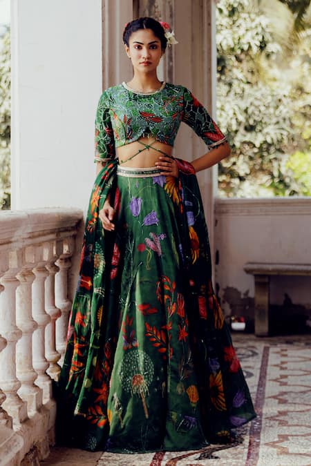 17:17 by Simmi Saboo Green Tabby Print Trible Floral Round Neck Vamika Lehenga Set 