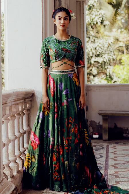 17:17 By Simmi Saboo_Green Chanderi, Cotton Pearls, Sequins, Vamika Trible Floral Print Lehenga Set _Online_at_Aza_Fashions