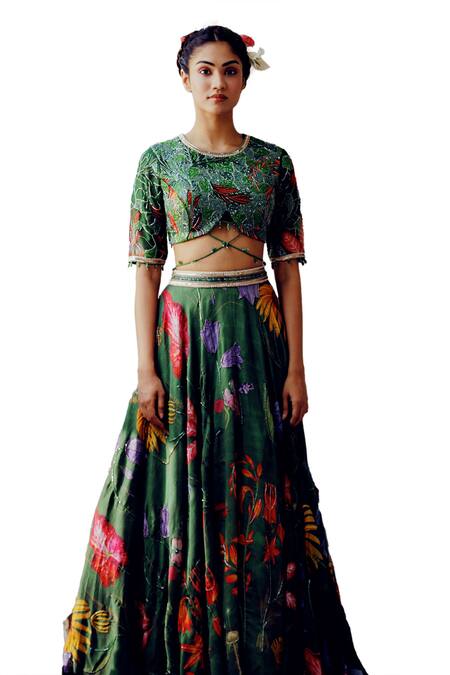 Buy_17:17 By Simmi Saboo_Green Chanderi, Cotton Pearls, Sequins, Vamika Trible Floral Print Lehenga Set _Online_at_Aza_Fashions