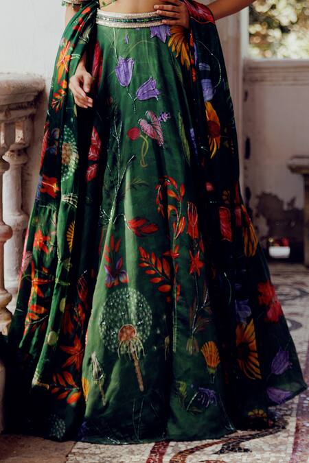 Shop_17:17 By Simmi Saboo_Green Chanderi, Cotton Pearls, Sequins, Vamika Trible Floral Print Lehenga Set _Online_at_Aza_Fashions