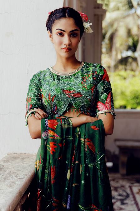 17:17 By Simmi Saboo_Green Chanderi, Cotton Pearls, Sequins, Vamika Trible Floral Print Lehenga Set _at_Aza_Fashions