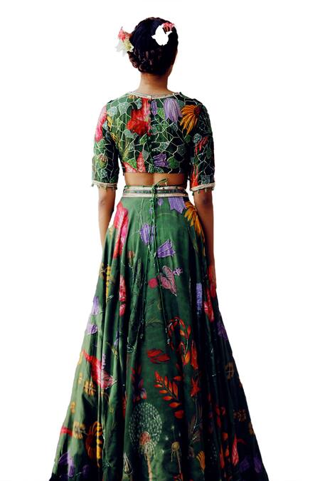 Buy_17:17 By Simmi Saboo_Green Chanderi, Cotton Pearls, Sequins, Vamika Trible Floral Print Lehenga Set 