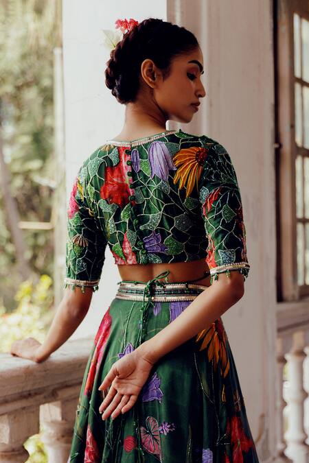Shop_17:17 By Simmi Saboo_Green Chanderi, Cotton Pearls, Sequins, Vamika Trible Floral Print Lehenga Set 