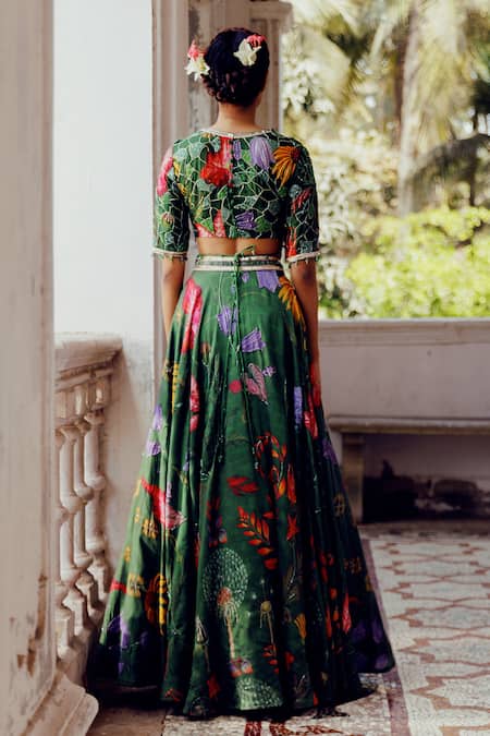 Shop_17:17 By Simmi Saboo_Green Chanderi, Cotton Pearls, Sequins, Vamika Trible Floral Print Lehenga Set _at_Aza_Fashions