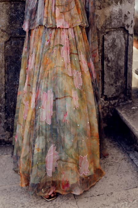 17:17 By Simmi Saboo_Multi Color Chiffon Beads V-neck Yasmin Lotus Print Lehenga Set _Online_at_Aza_Fashions