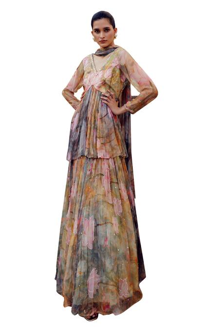 Buy_17:17 By Simmi Saboo_Multi Color Chiffon Beads V-neck Yasmin Lotus Print Lehenga Set _Online_at_Aza_Fashions