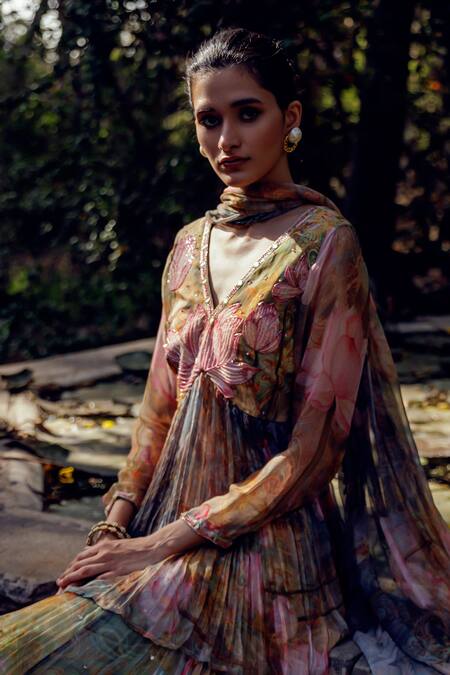 Shop_17:17 By Simmi Saboo_Multi Color Chiffon Beads V-neck Yasmin Lotus Print Lehenga Set _Online_at_Aza_Fashions