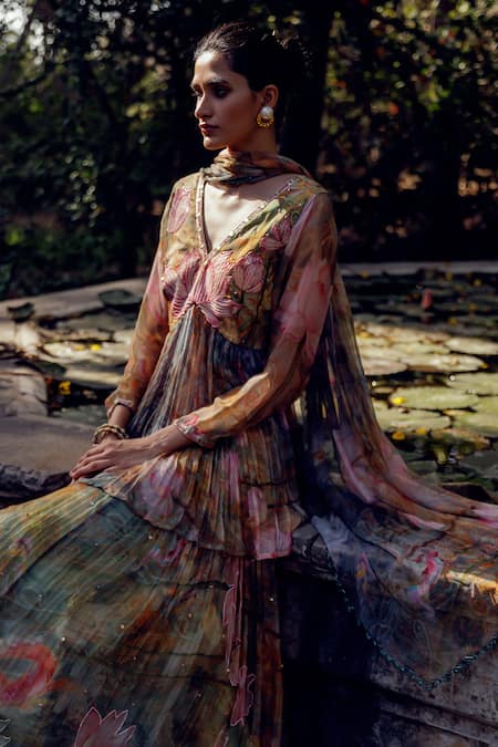 Shop_17:17 By Simmi Saboo_Multi Color Chiffon Beads V-neck Yasmin Lotus Print Lehenga Set _at_Aza_Fashions