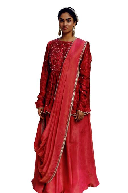 Buy_17:17 By Simmi Saboo_Maroon Chanderi Silk Beads, Zariah Leaf Print Pre-draped Gharara Saree Set _Online_at_Aza_Fashions