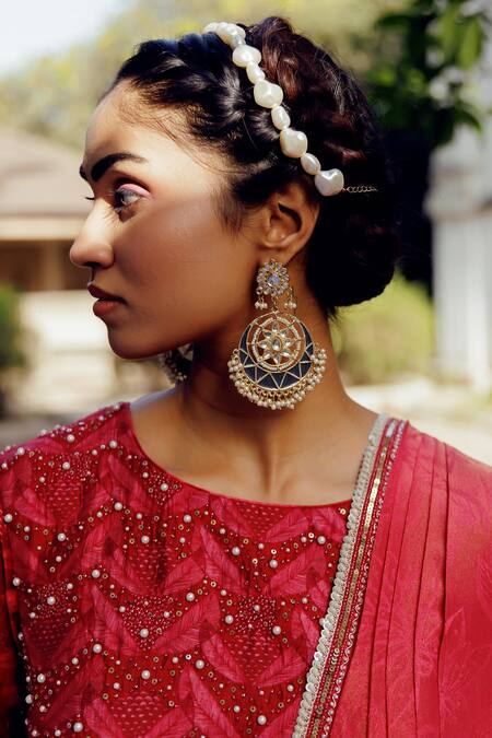 17:17 By Simmi Saboo_Maroon Chanderi Silk Beads, Zariah Leaf Print Pre-draped Gharara Saree Set _at_Aza_Fashions