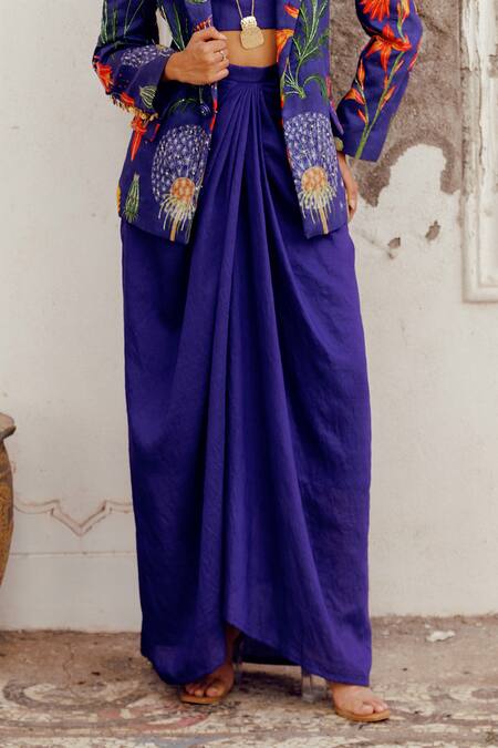 17:17 By Simmi Saboo_Blue Chanderi Silk Print Zuri Trible Blazer And Draped Skirt Set _Online_at_Aza_Fashions