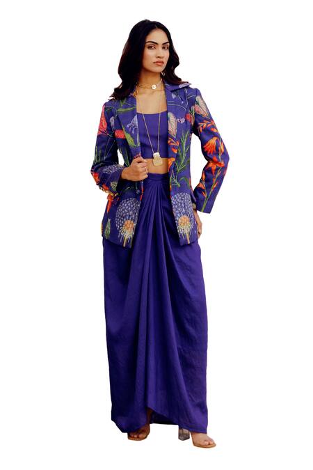 Buy_17:17 By Simmi Saboo_Blue Chanderi Silk Print Zuri Trible Blazer And Draped Skirt Set _Online_at_Aza_Fashions