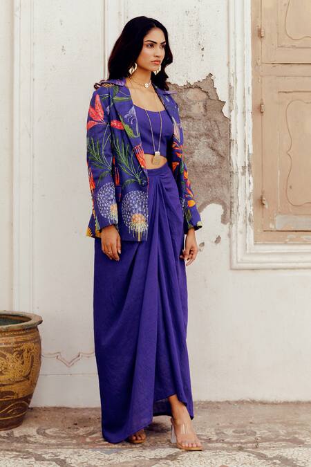 Shop_17:17 By Simmi Saboo_Blue Chanderi Silk Print Zuri Trible Blazer And Draped Skirt Set _Online_at_Aza_Fashions