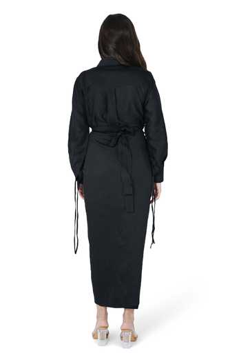 Shop Komal Shah Black Chanderi Solid Collar Neck Shirt With Draped Skirt at Aza Fashions Shop_Komal Shah_Black Chanderi Solid Collar Neck Shirt With Draped Skirt _at_Aza_Fashions