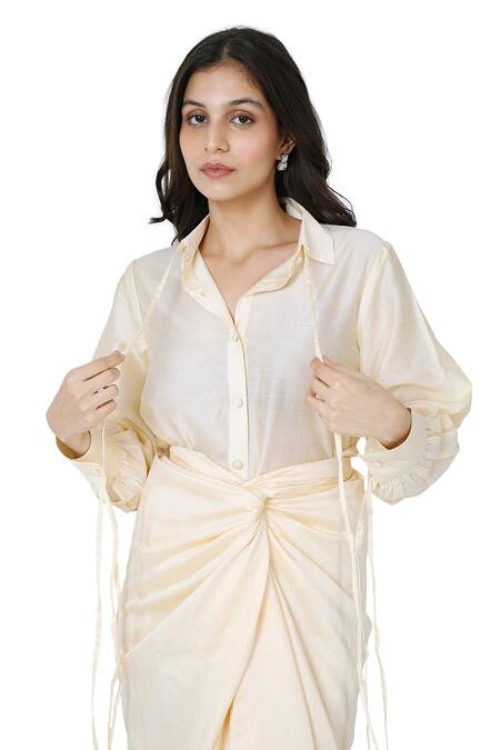 Komal Shah Cream Chanderi Solid Collar Neck Plain Shirt With Draped Skirt  3