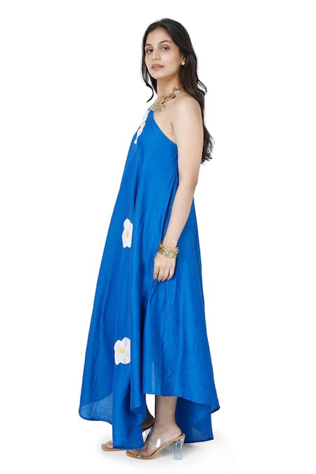 Komal Shah_Blue Chanderi, Linen Embroidery One Shoulder Sequin Bloom Patch Dress _Online_at_Aza_Fashions