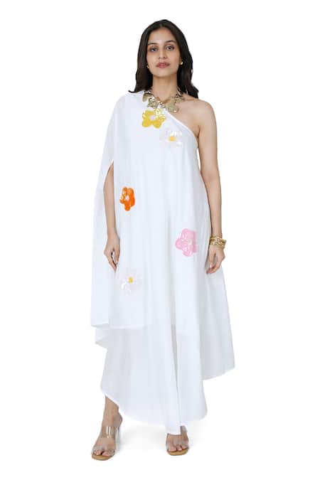 Komal Shah White Chanderi Embroidery Patch One Shoulder Sequin Flora Dress 