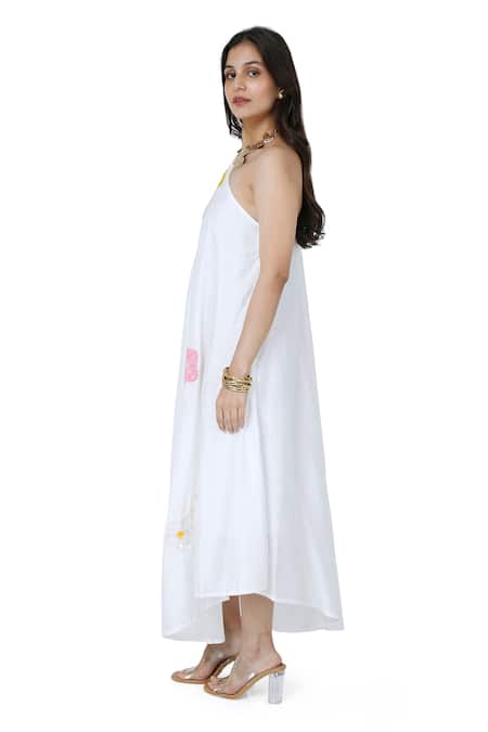 Komal Shah_White Chanderi Embroidery Patch One Shoulder Sequin Flora Dress _Online_at_Aza_Fashions
