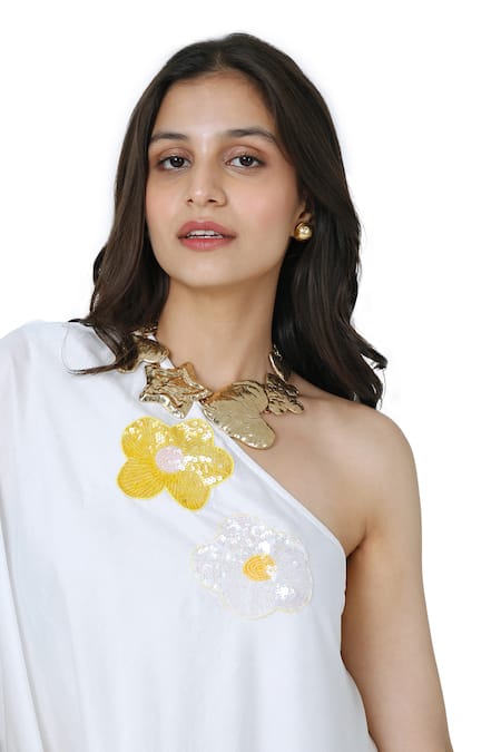 Buy_Komal Shah_White Chanderi Embroidery Patch One Shoulder Sequin Flora Dress _Online_at_Aza_Fashions